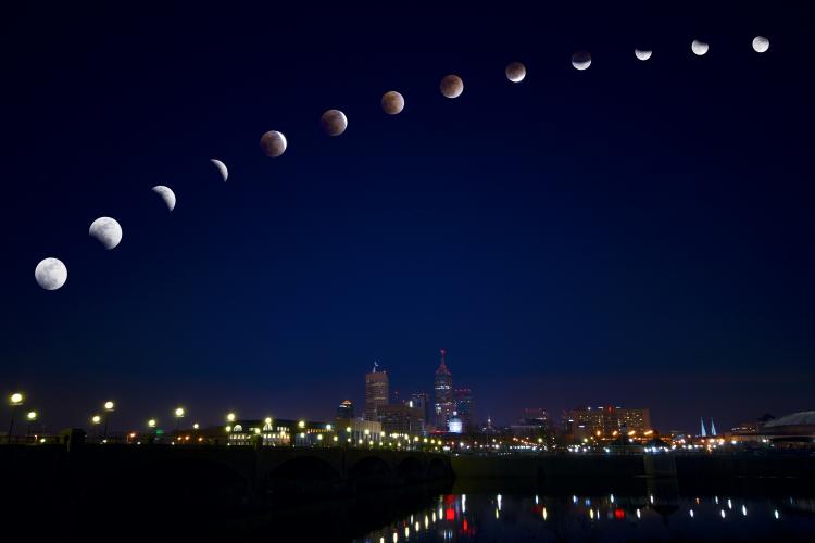 Time-lapse photograph of Indianapolis skyline on the Lunar Eclipse of 2015.