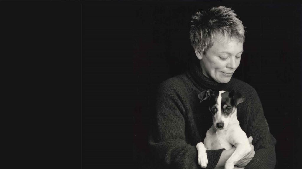 Filmmaker Laurie Anderson and her pet rat terrier, Lolabelle, subject of her film HEART OF A DOG, opening October 21 at Film Forum.  Photo by Sophie Calle. Courtesy of Abramorama.