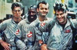 Harold Ramis, Ernie Hudson, Bill Murray, and Dan Aykroyd covered in the remains of the Stay Puft Marshmallow Man in Ghostbusters (1984)