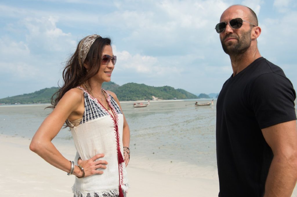 Michelle Yeoh and Statham in MECHANIC: RESURRECTION. 