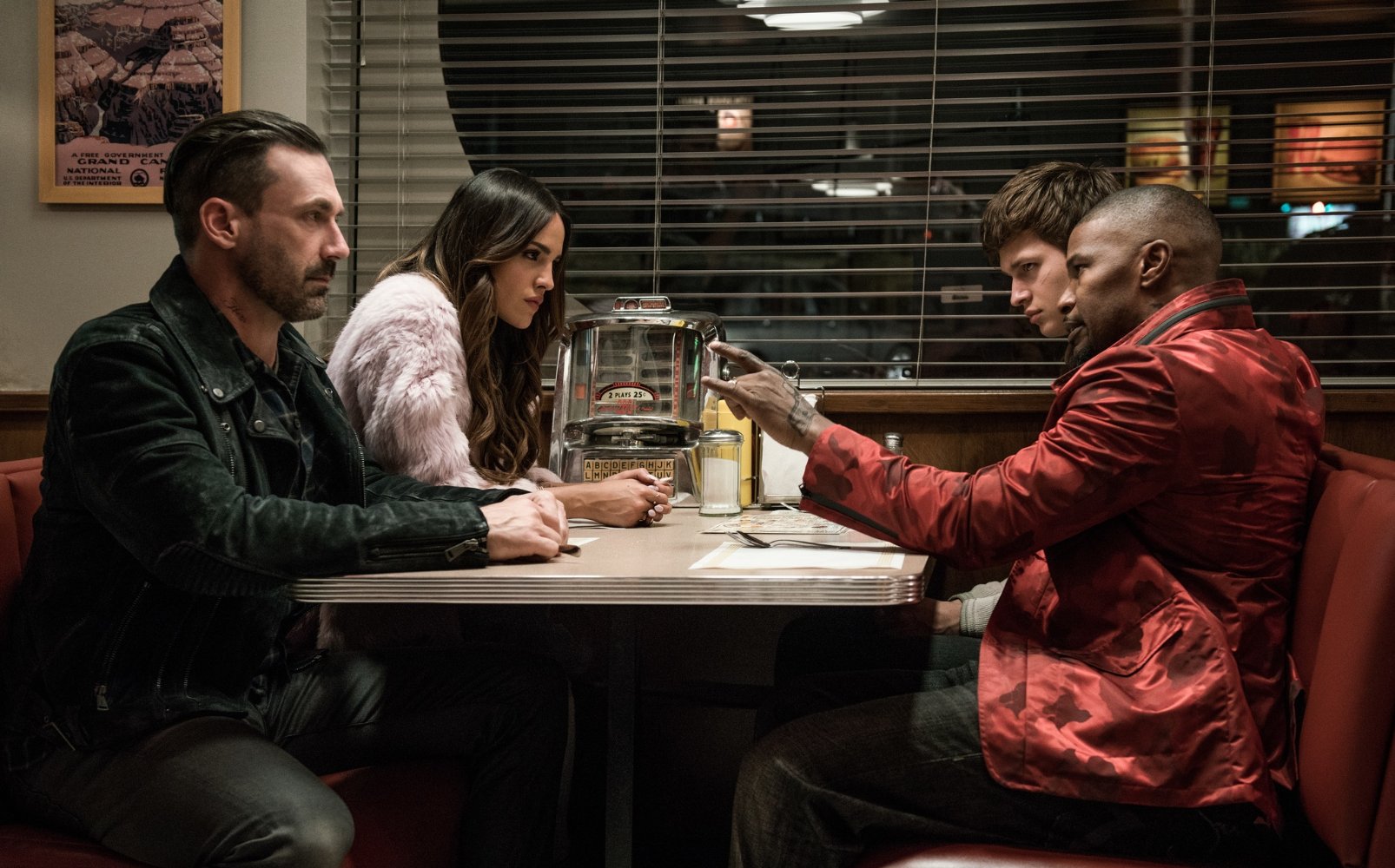 Jon Hamm, Eiza González, Ansel Elgort, and Jamie Foxx in BABY DRIVER (2017)