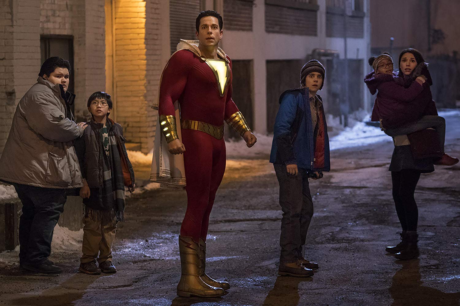 Jovan Armand, Ian Chen, Zachary Levi, Jack Dylan Grazer, Faithe Herman, and Grace Fulton in SHAZAM! (2019)