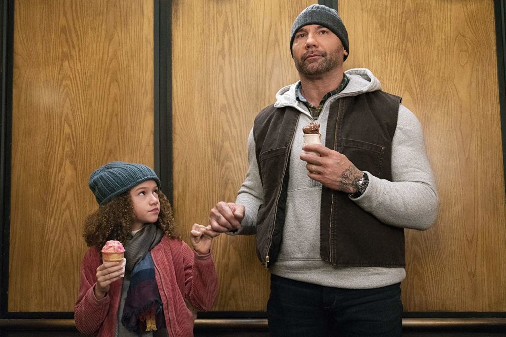 Chloe Coleman and Dave Bautista share a pinky swear in MY SPY (2020)