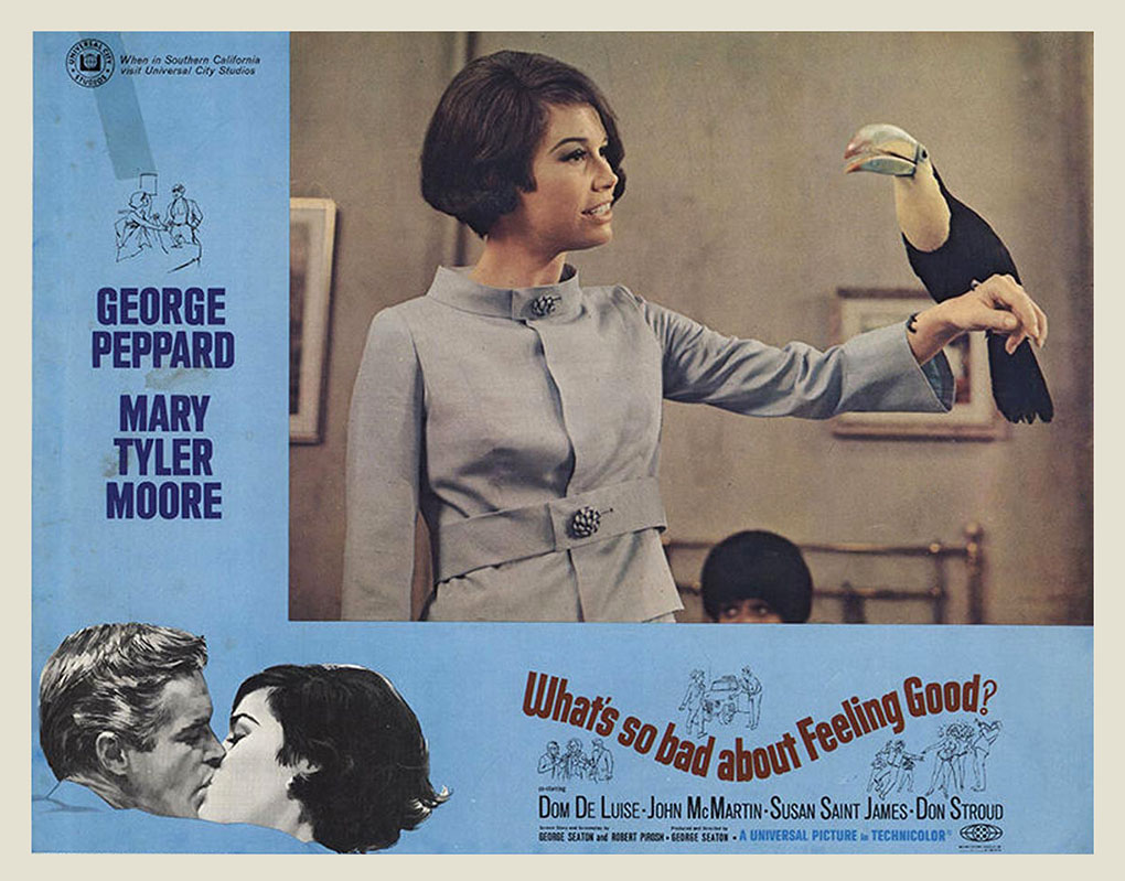 Mary Tyler Moore greets the toucan Amigo on a poster for WHAT'S SO BAD ABOUT FEELING GOOD? (1968)