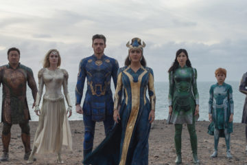 (L-R): Kingo (Kumail Nanjiani), Makkari (Lauren Ridloff), Gilgamesh (Don Lee), Thena (Angelina Jolie), Ikaris (Richard Madden), Ajak (Salma Hayek), Sersi (Gemma Chan), Sprite (Lia McHugh), Phastos (Brian Tyree Henry) and Druig (Barry Keoghan) in Marvel Studios' ETERNALS. Photo courtesy of Marvel Studios. ©Marvel Studios 2021. All Rights Reserved.