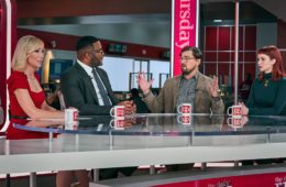 Cate Blanchett, Tyler Perry, Leonardo DiCaprio, and Jennifer Lawrence talk on a cable news show in DON'T LOOK UP (2021)
