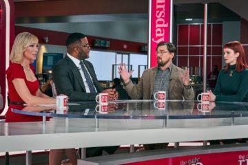 Cate Blanchett, Tyler Perry, Leonardo DiCaprio, and Jennifer Lawrence talk on a cable news show in DON'T LOOK UP (2021)