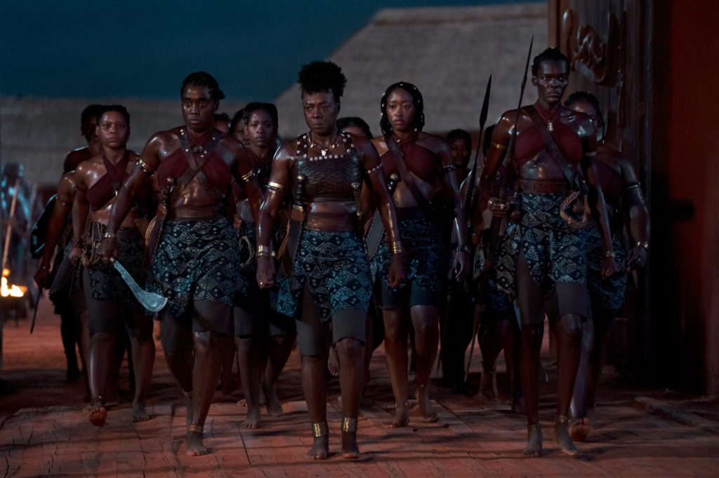 Lashana Lynch, Viola Davis, Shelia Atim, Sisipho Mbopa, Lone Motsomi, and Chioma Umeala make a grand entrance in THE WOMAN KING (2022)