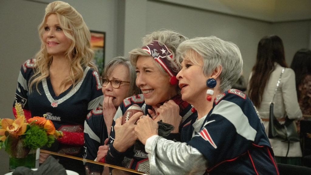 Rita Moreno plays Maura, Jane Fonda plays Trish, Lily Tomlin plays Lou and Sally Field plays Betty in 80 FOR BRADY (2023) from Paramount Pictures.