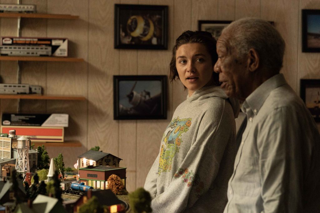 Florence Pugh (left) as Allison and Morgan Freeman (right) as Daniel in A GOOD PERSON, directed by Zach Braff, a Metro Goldwyn Mayer Pictures film. Credit: Jeong Park / Metro Goldwyn Mayer Pictures © 2023 Metro-Goldwyn-Mayer Pictures Inc. All Rights Reserved.