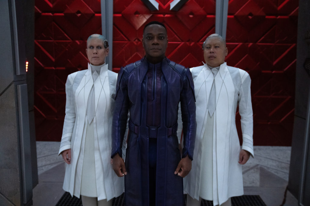 (L-R): Miriam Shor as Recorder Vim, Chukwudi Iwuji as The High Evolutionary, and Nico Santos as Recorder Theel in Marvel Studios' Guardians of the Galaxy Vol. 3. Photo by Jessica Miglio. © 2023 MARVEL.