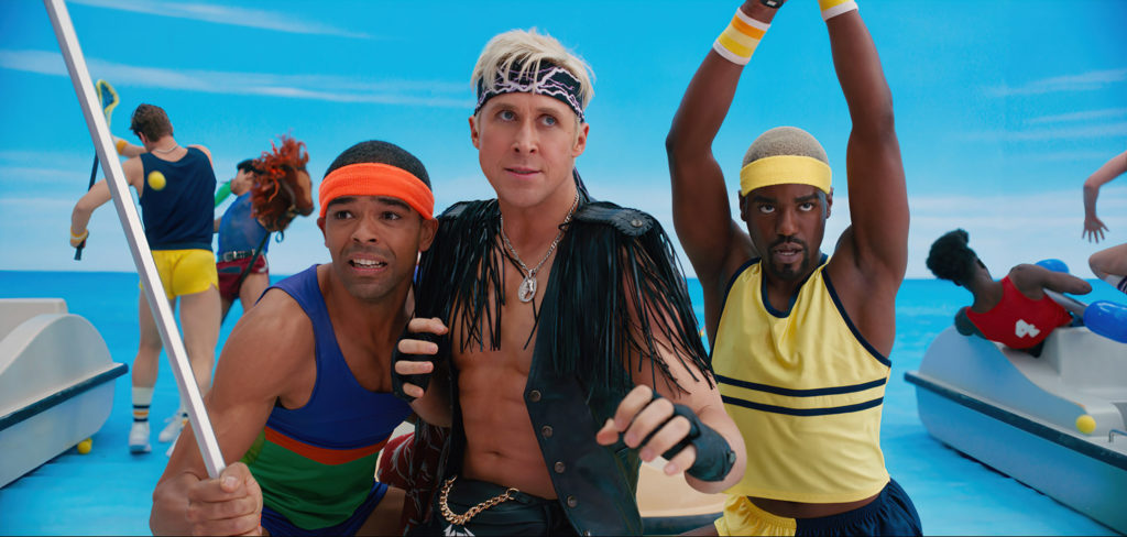 Kingsley Ben-Adir, Ryan Gosling, and Ncuti Gatwa gear up for battle in BARBIE (2023)