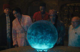 (L-R): Owen Wilson as Father Kent, Rosario Dawson as Gabbie, LaKeith Stanfield as Ben, Tiffany Haddish as Harriet, and Danny DeVito as Bruce in Disney's HAUNTED MANSION. Photo courtesy of Disney. © 2023 Disney Enterprises, Inc. All Rights Reserved.