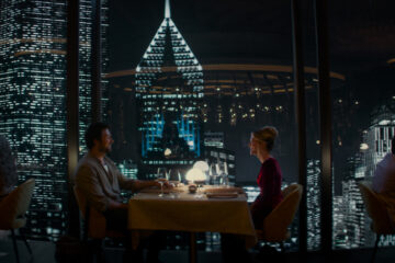 (from left) Henry (Brandon Sklenar) and Violet (Meghann Fahy) in Drop, directed by Christopher Landon.