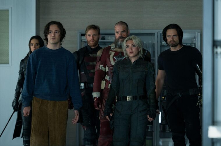 Hannah John-Kamen, Lewis Pullman, Wyatt Russell, David Harbour, Florence Pugh, and Sebastian Stan in THUNDERBOLTS* (2025)