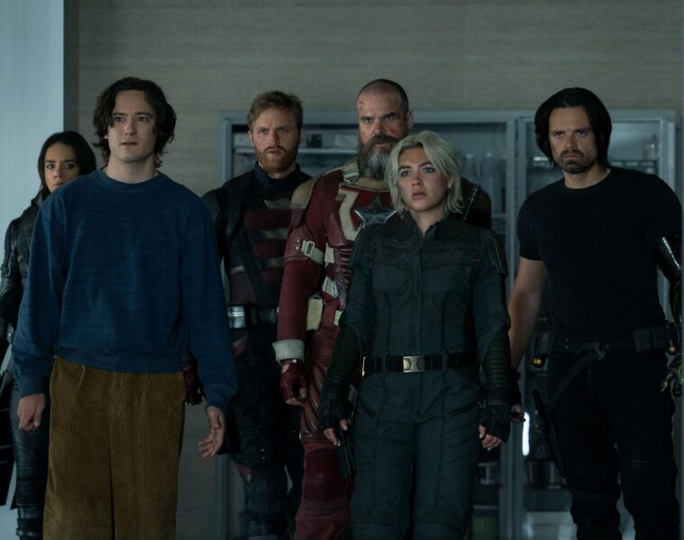 Hannah John-Kamen, Lewis Pullman, Wyatt Russell, David Harbour, Florence Pugh, and Sebastian Stan in THUNDERBOLTS* (2025)