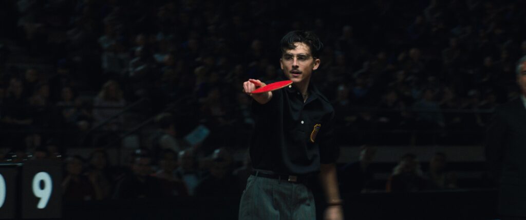 Timothée Chalamet plays ping pong in MARTY SUPREME (2025)