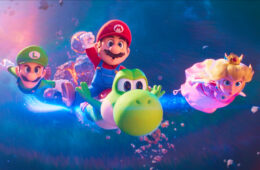 Luigi, Mario, Yoshi, and Princess Peach shoot through the sky in THE SUPER MARIO GALAXY MOVIE (2026)