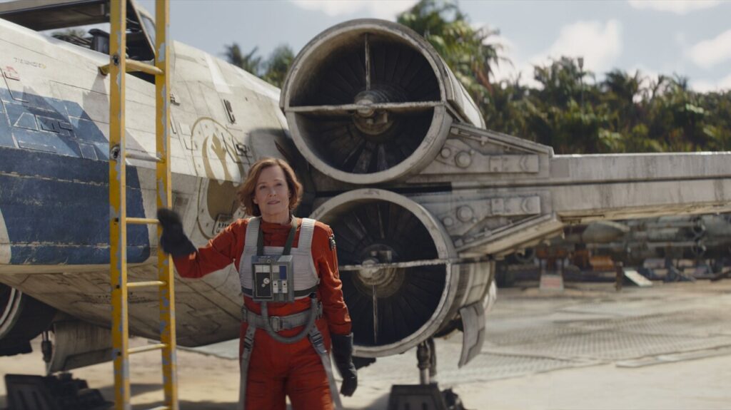 Sigourney Weaver steps out of an X-Wing in STAR WARS: THE MANDALORIAN AND GROGU (2026)