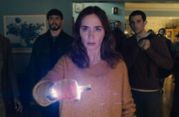 L to R: Colman Domingo is Hugo Wakefield, Tommy Martinez is Santiago, Emily Blunt is Margaret Fairchild, and Josh O'Connor is Dr. Daniel Kellner in DISCLOSURE DAY, directed by Steven Spielberg.