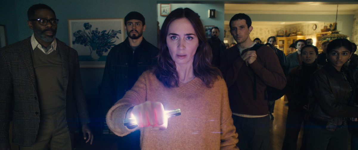 L to R: Colman Domingo is Hugo Wakefield, Tommy Martinez is Santiago, Emily Blunt is Margaret Fairchild, and Josh O'Connor is Dr. Daniel Kellner in DISCLOSURE DAY, directed by Steven Spielberg.