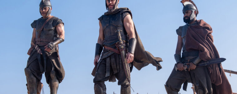 Center L to R: Jimmy Gonzales is Cepheus, Matt Damon is Odysseus and Himesh Patel is Eurylochus in THE ODYSSEY, written, produced, and directed by Christopher Nolan.
